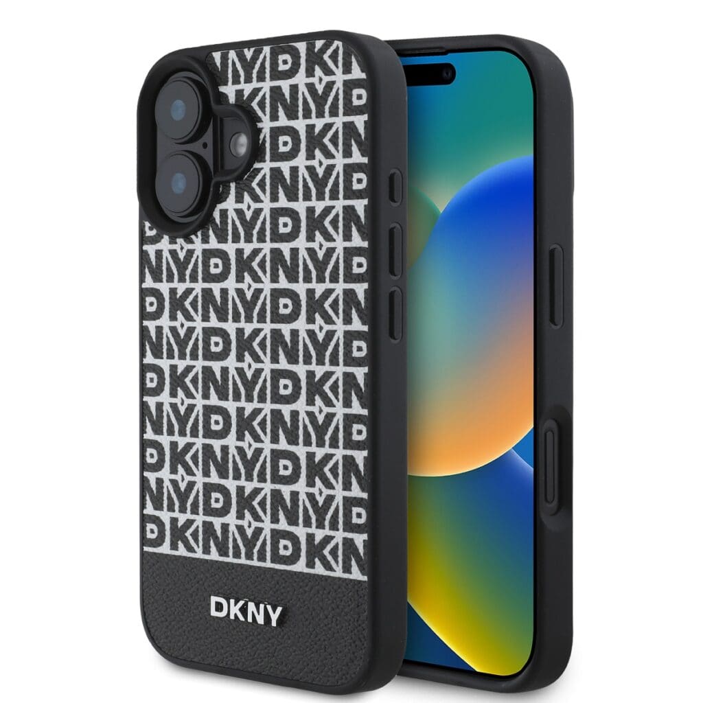 DKNY PU Leather Repeat Pattern Bottom Stripe MagSafe Black iPhone 16 Plus Tok