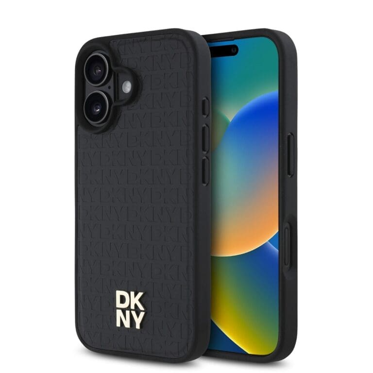 DKNY PU Leather Repeat Pattern Stack Logo MagSafe Black iPhone 16 Plus Tok