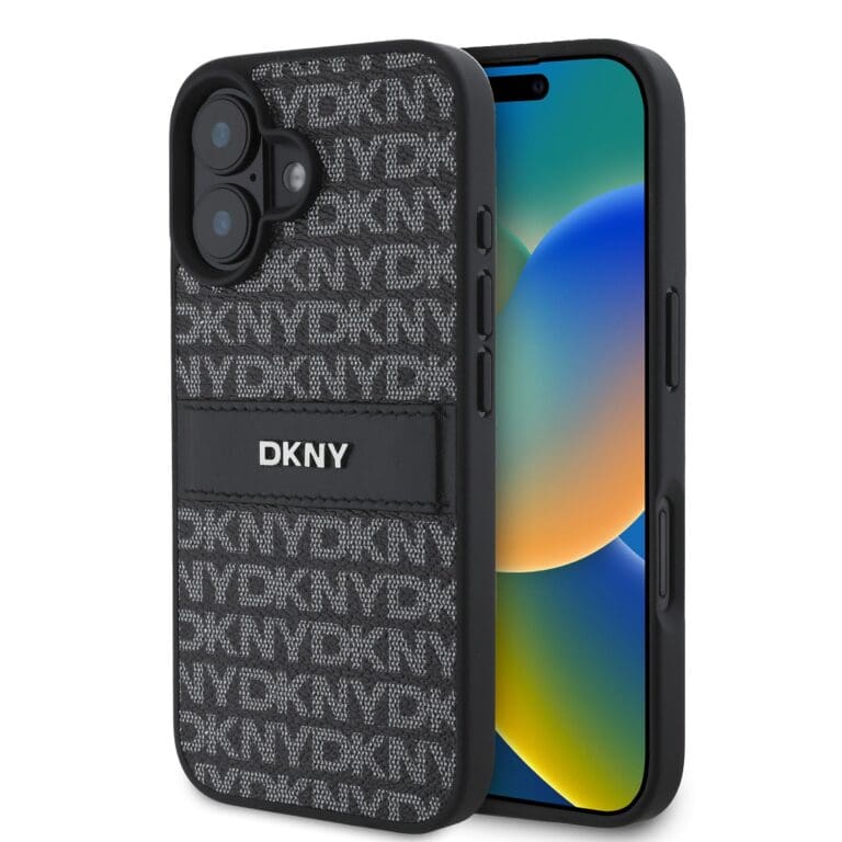 DKNY PU Leather Repeat Pattern Tonal Stripe Black iPhone 16 Plus Tok