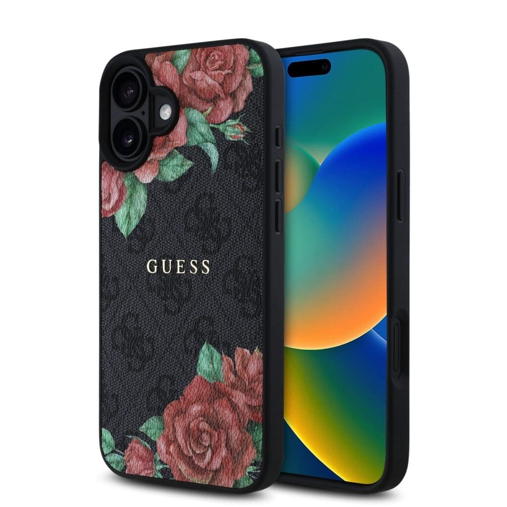Guess PU Leather 4G Roses MagSafe Black iPhone 16 Tok
