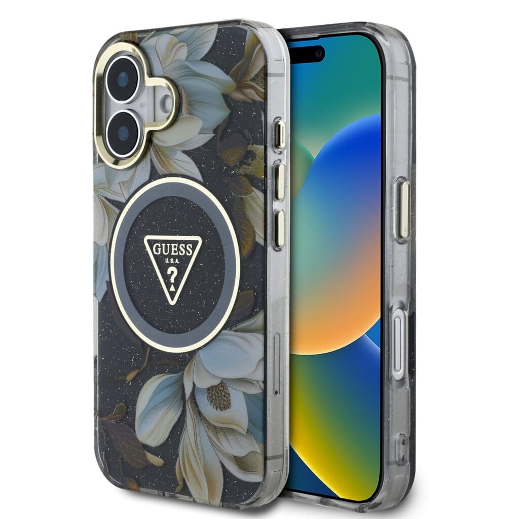 Guess IML Glitter Magnolia and Triangle Logo MagSafe Black iPhone 16 Tok