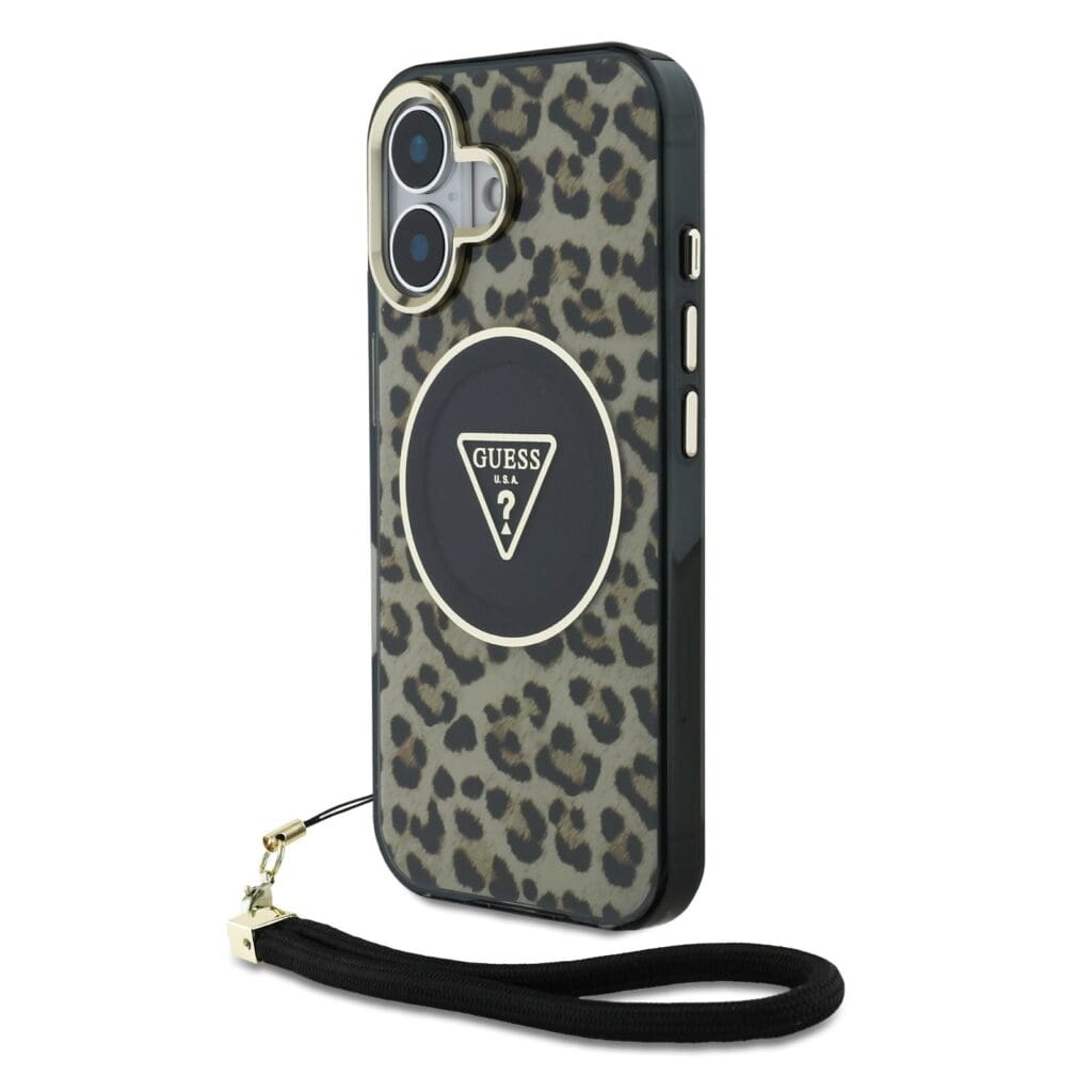 Guess IML Leopard Triangle Logo Strap MagSafe Brown iPhone 16 Tok