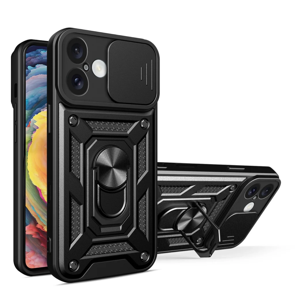 Hybrid Armor Camshield Armored Case With Camera Cover And Stand Black iPhone 16 Tok