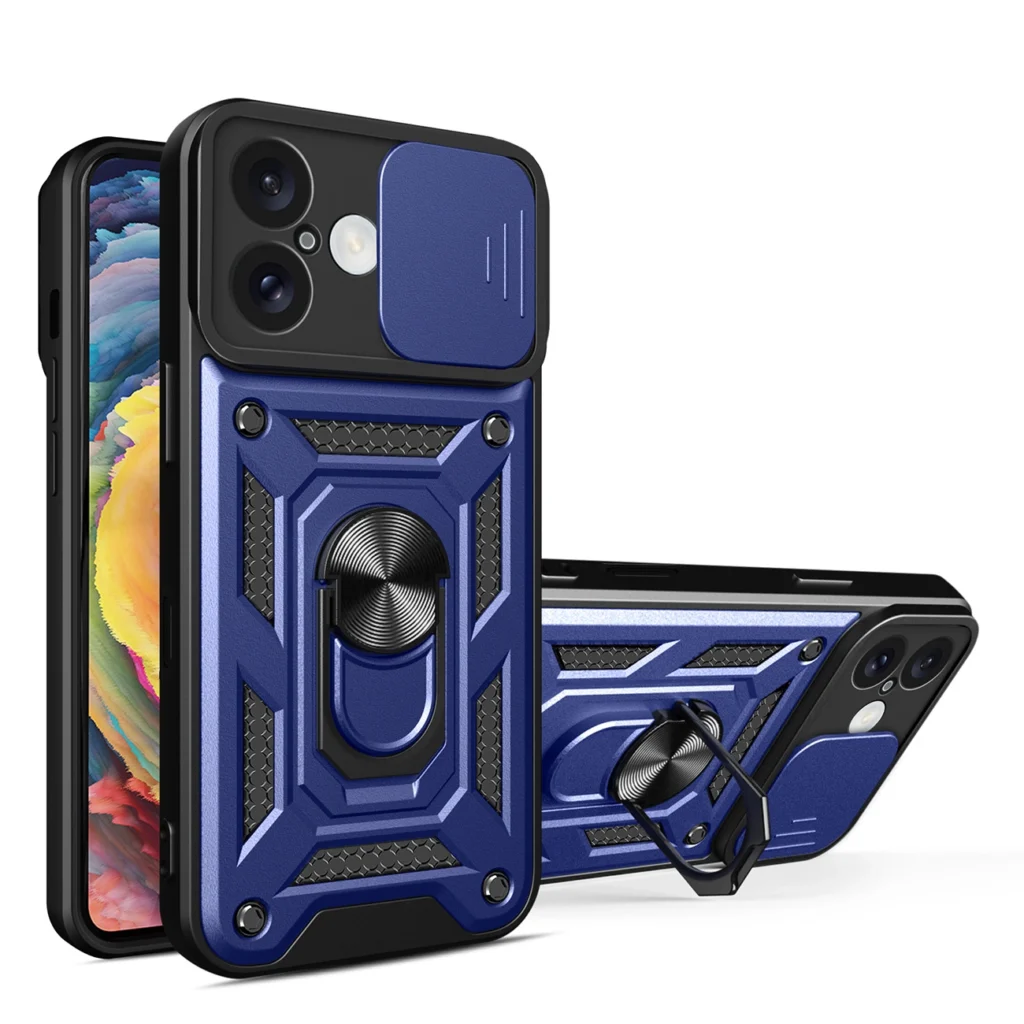 Hybrid Armor Camshield Case With Camera Cover And Stand Blue iPhone 16 Tok