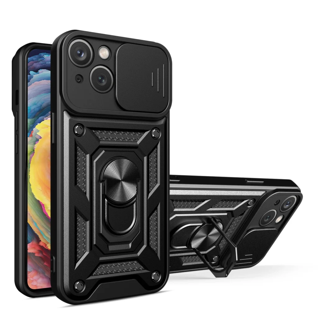 Hybrid Armor Camshield Case With Stand And Camera Cover For Plus - Black iPhone 15 Plus Tok