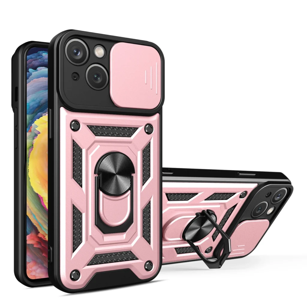 Hybrid Armor Camshield Case With Stand And Camera Cover For Plus - Pink iPhone 15 Plus Tok