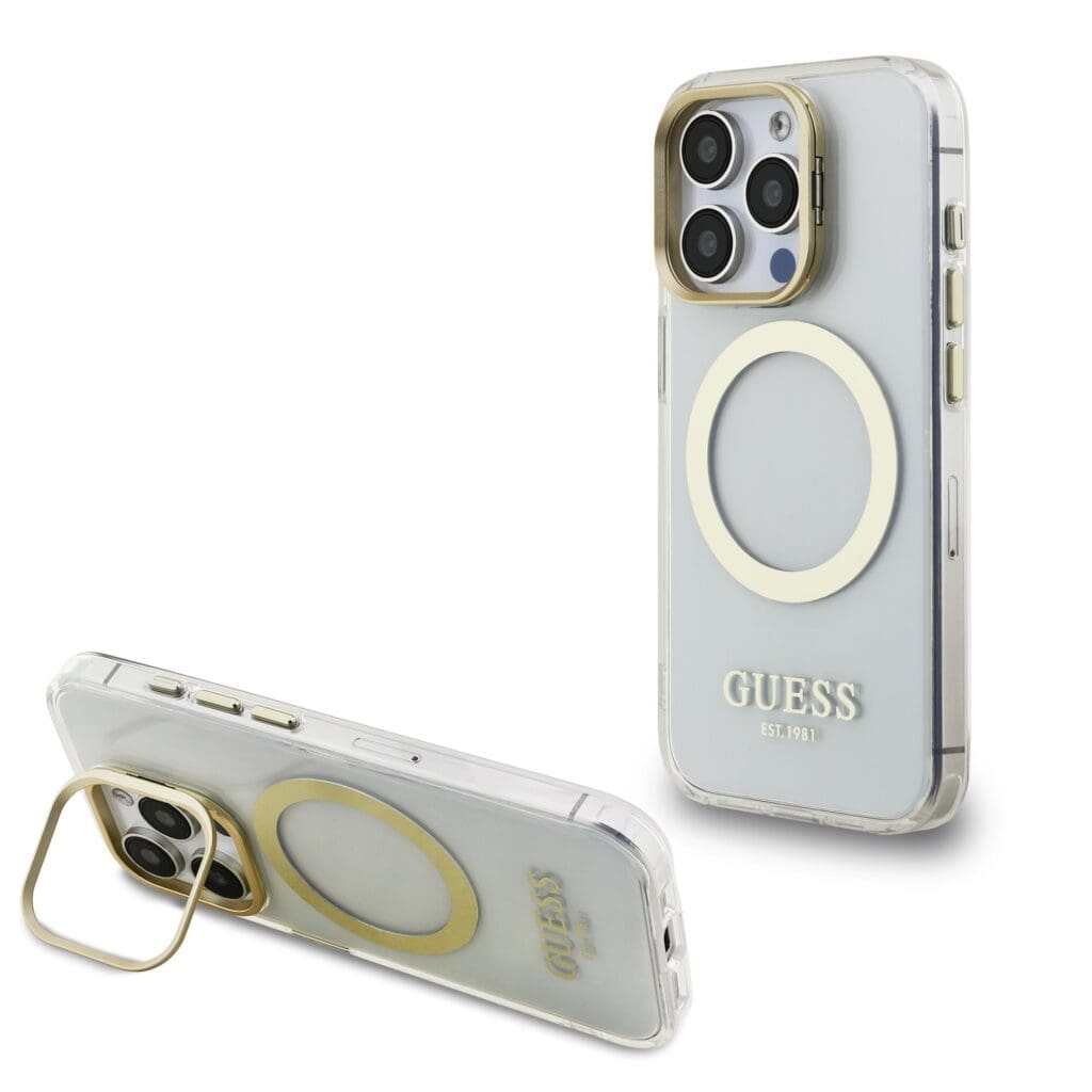 Guess IML Gold Outline Stand Camera Frame MagSafe Transparent iPhone 15 Pro Max Tok