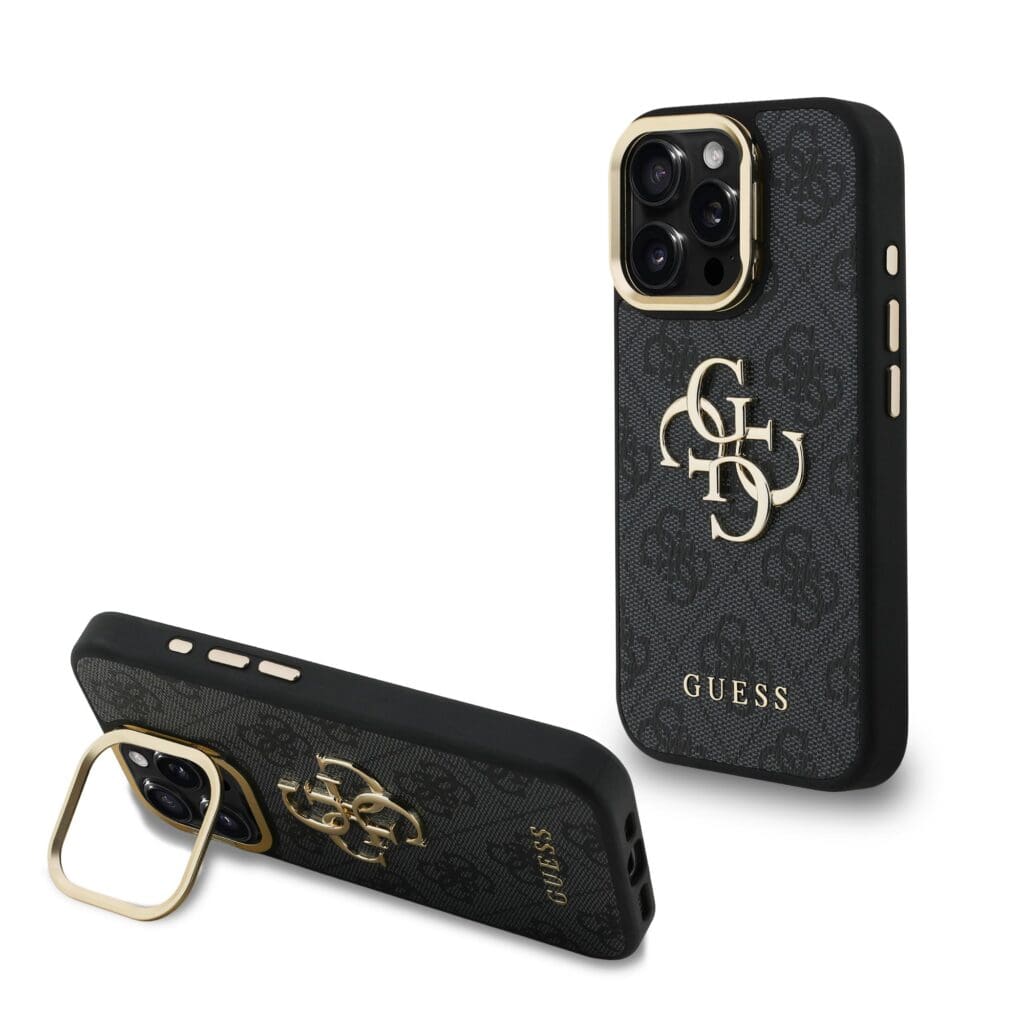 Guess PU 4G Metal Logo Stand Camera Frame Black iPhone 15 Pro Max Tok
