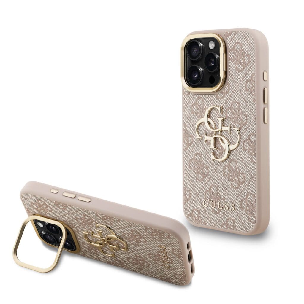 Guess PU 4G Metal Logo Stand Camera Frame Pink iPhone 15 Pro Max Tok