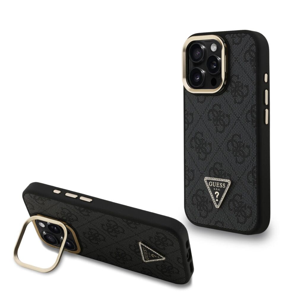 Guess PU 4G Strass Triangle Logo Stand Camera Frame MagSafe Black iPhone 15 Pro Max Tok