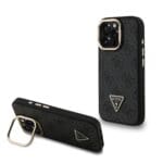Guess PU 4G Strass Triangle Logo Stand Camera Frame MagSafe Black iPhone 15 Pro Max Tok