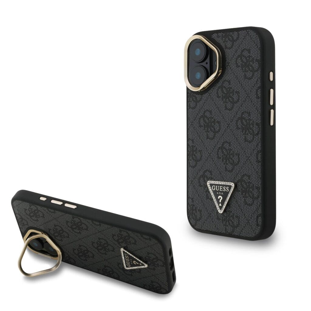 Guess PU 4G Strass Triangle Logo Stand Camera Frame MagSafe Black iPhone 16 Tok