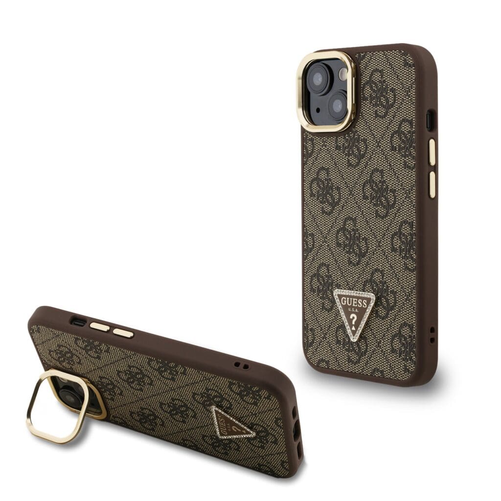 Guess PU 4G Strass Triangle Logo Stand Camera Frame MagSafe Brown iPhone 13 Tok