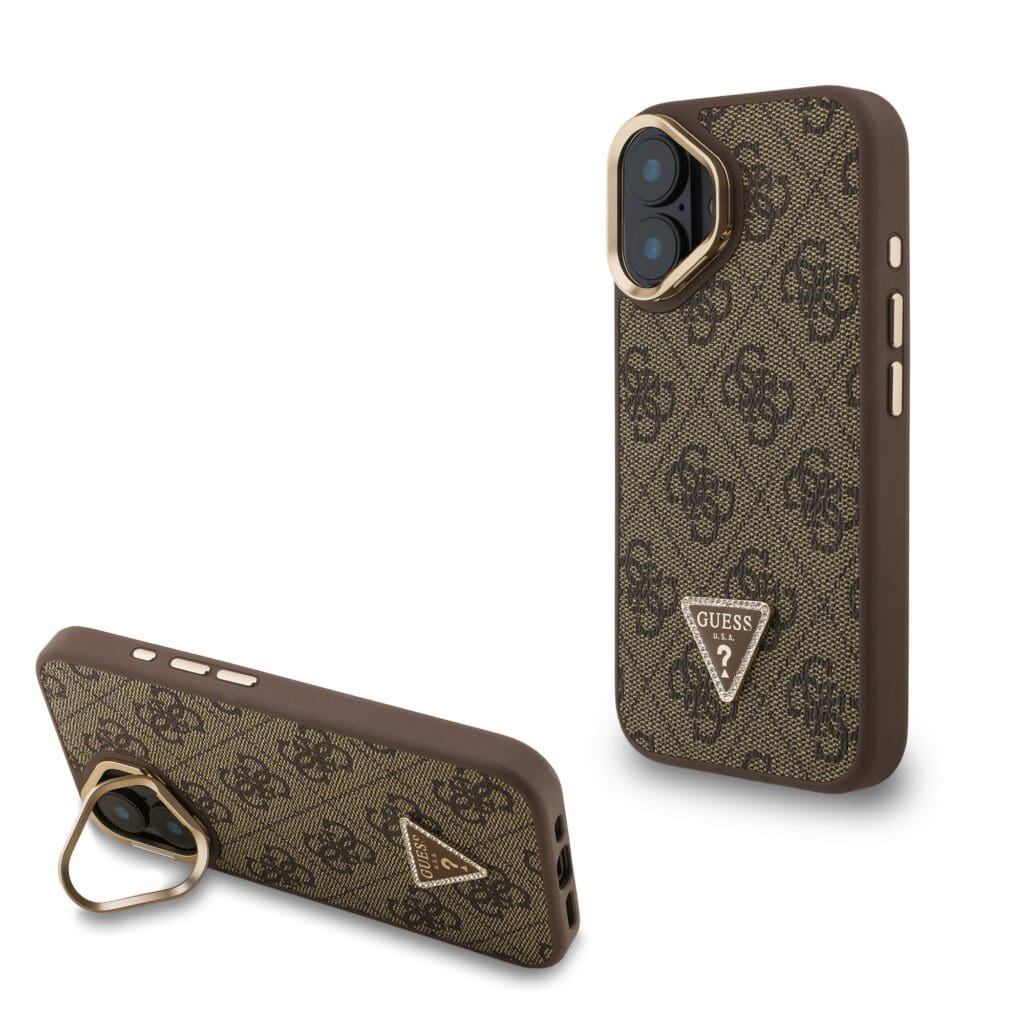 Guess PU 4G Strass Triangle Logo Stand Camera Frame MagSafe Brown iPhone 16 Tok