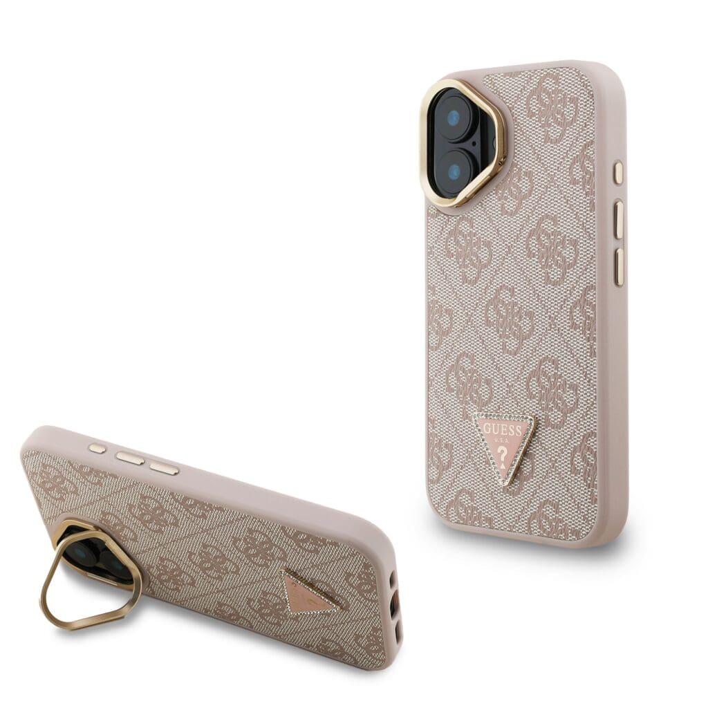 Guess PU 4G Strass Triangle Logo Stand Camera Frame MagSafe Pink iPhone 16 Tok