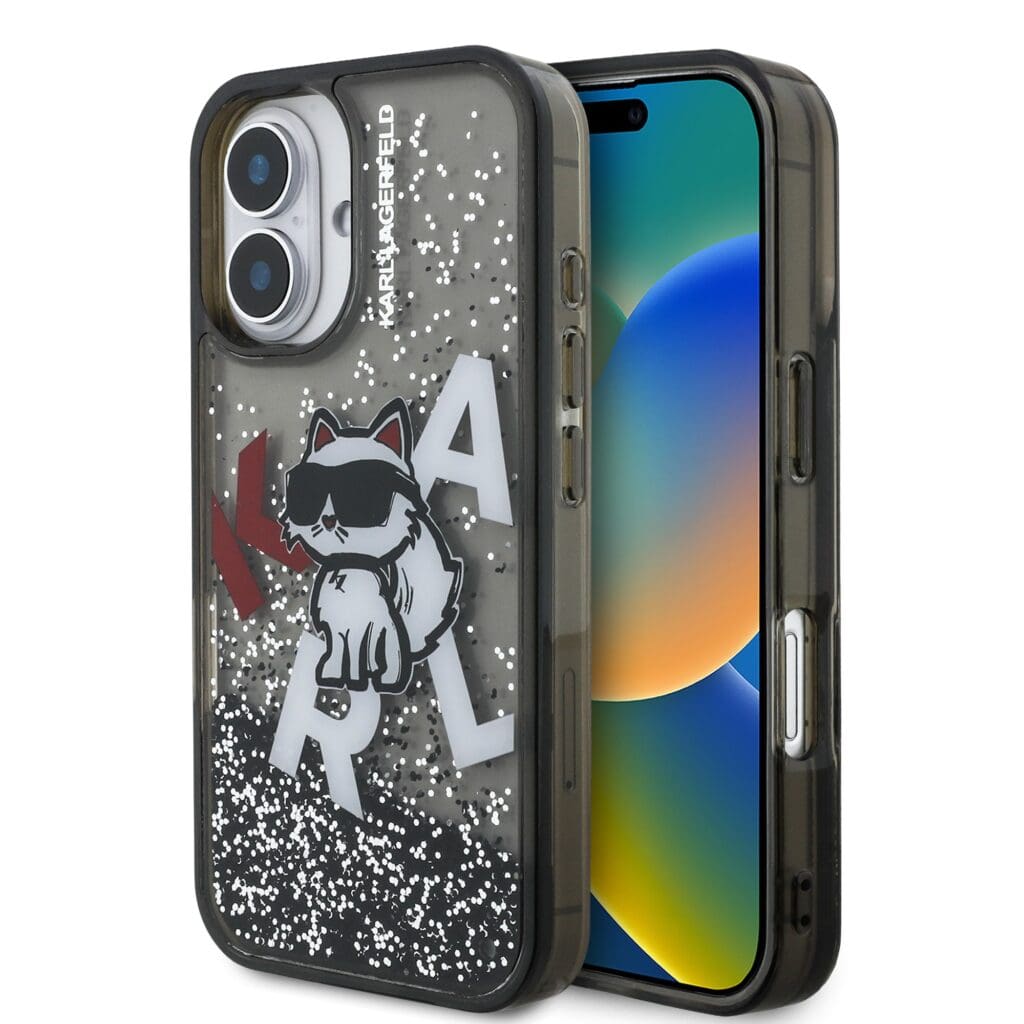 Karl Lagerfeld Liquid Glitter Scattered Choupette Black iPhone 16 Tok
