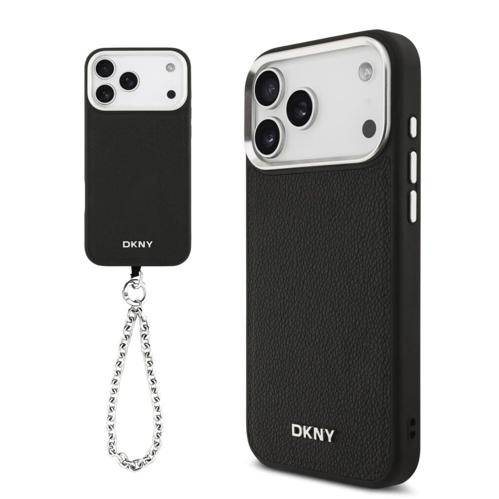 DKNY PU Leather Metal Logo Wrist Chain MagSafe Black iPhone 17 Pro Max Tok