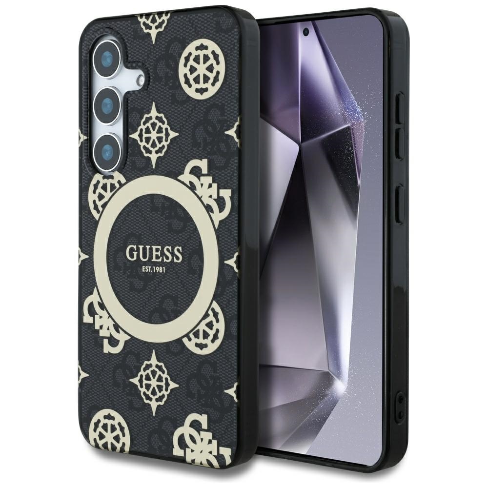 Guess 4G Background Gold Electroplated Peony Pattern MagSafe Black Samsung Galaxy S25 Tok