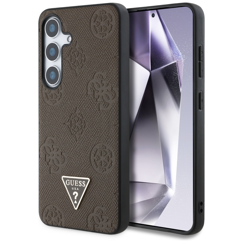 Guess Grained Hot Stamp Peony Pattern Triangle Logo MagSafe Brown Samsung Galaxy S25 Tok