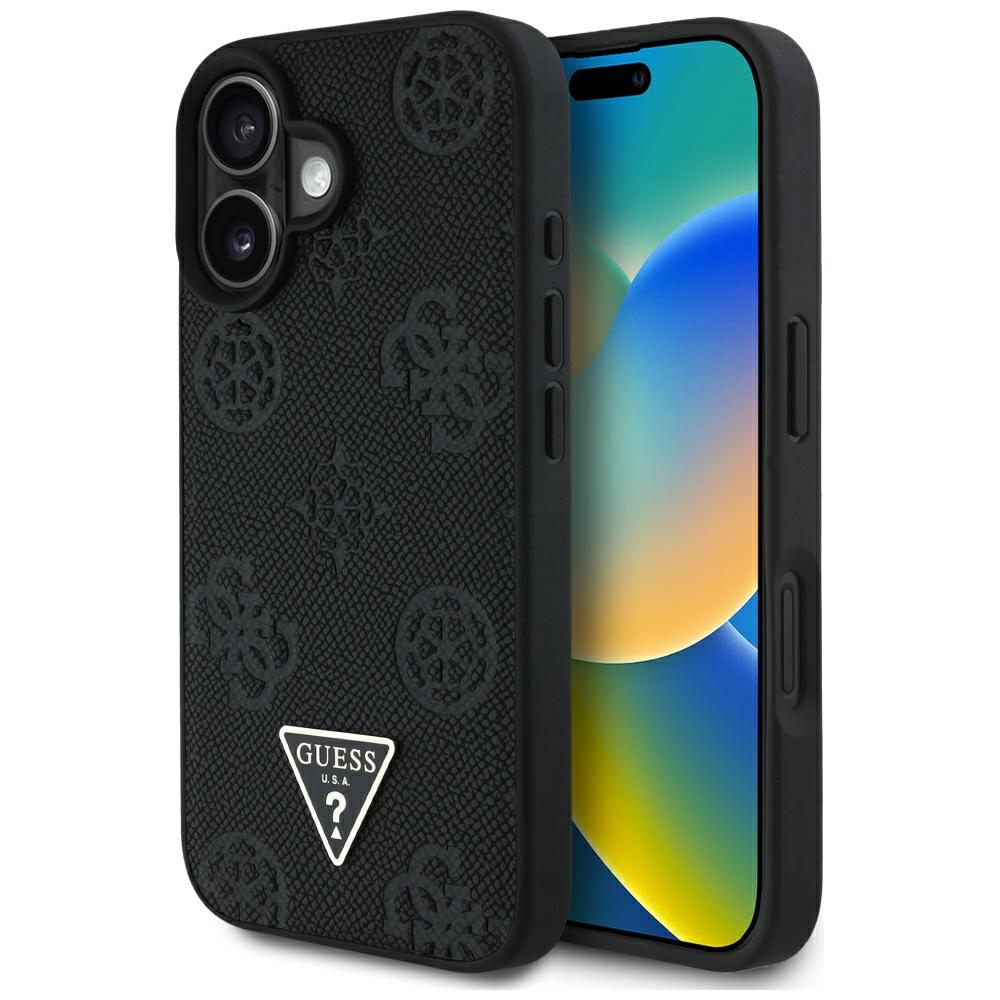 Guess Grained Hot Stamp Peony Triangle Logo MagSafe Black iPhone 16 Tok
