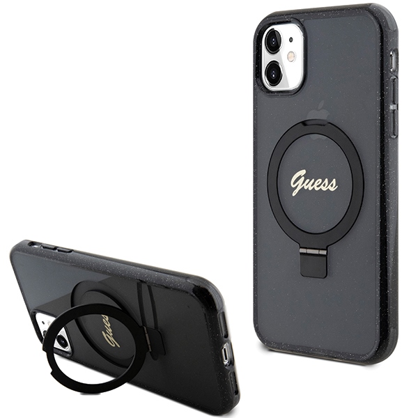 Guess GUHMN61HRSGSK Black Hardcase Ring Stand Script Glitter MagSafe iPhone 11/XR Tok