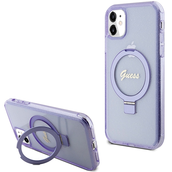 Guess GUHMN61HRSGSU Purple Hardcase Ring Stand Script Glitter MagSafe iPhone 11/XR Tok