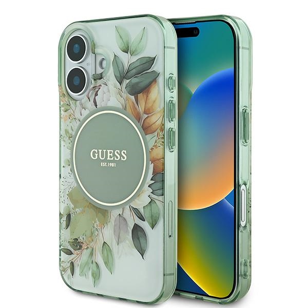 Guess GUHMP16MHFWBDCEN Green Hardcase IML Flower & Tonal Circle MagSafe iPhone 16 Plus Tok