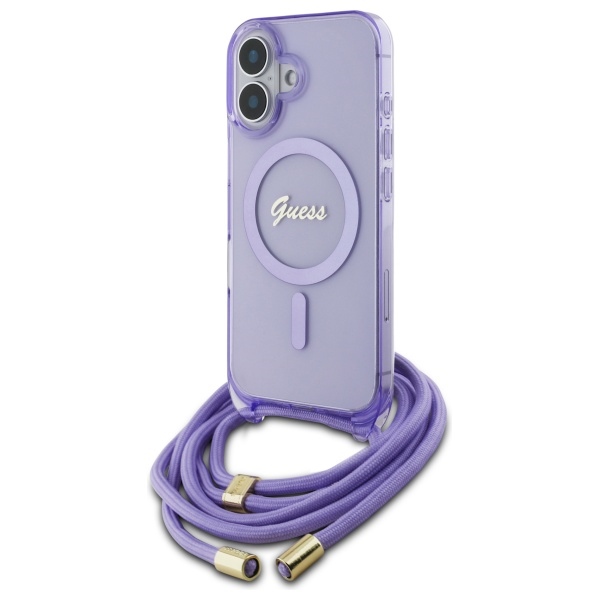 Guess GUHMP16SHCTSGNSU Purple Hardcase Crossbody Cord Script MagSafe iPhone 16 Tok