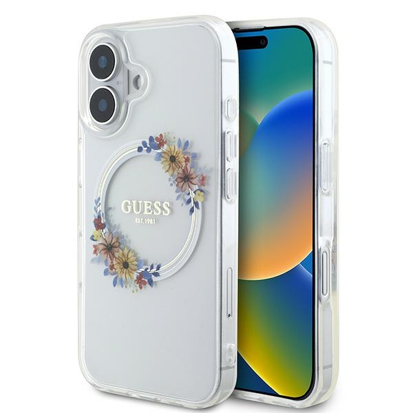 Guess GUHMP16SHFWFCT Transparent Hardcase IML Flowers Wreath MagSafe iPhone 16 Tok