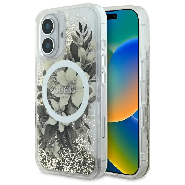 Guess GUHMP16SLFMWTE Beige Hardcase Liquid Glitter Flower MagSafe iPhone 16 Tok