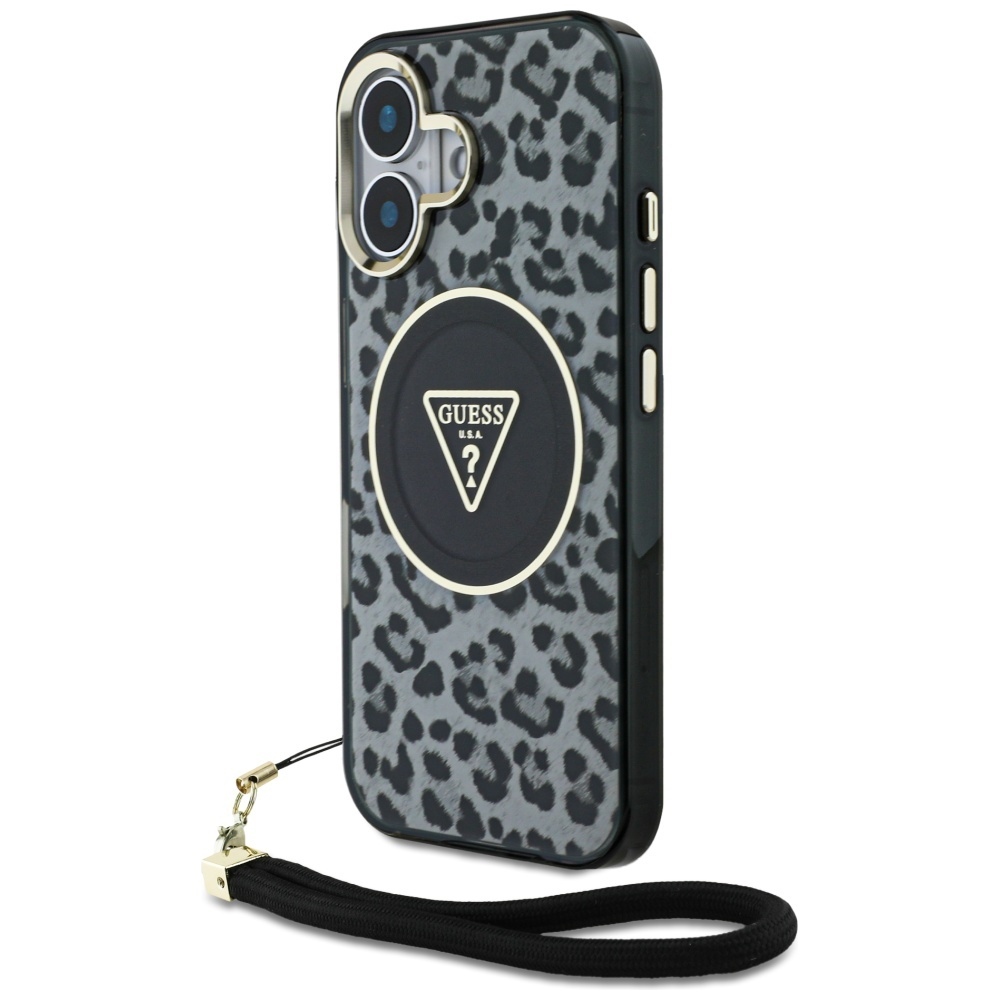 Guess HC IML Leopard Triangle Cord Strap MagSafe Black iPhone 16 Tok