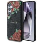 Guess Leather 4G Flowers Print Metal Classic Logo MagSafe Case Black Samsung Galaxy S25 Tok