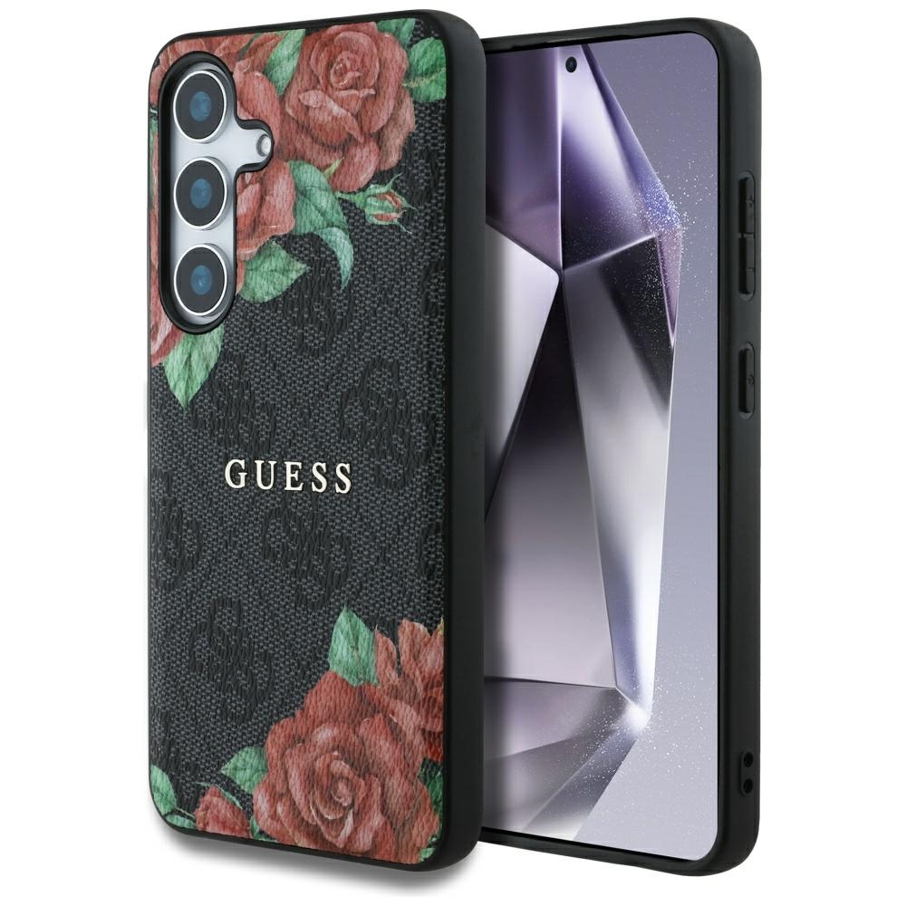 Guess Leather 4G Flowers Print Metal Classic Logo MagSafe Case Black Samsung Galaxy S25 Tok