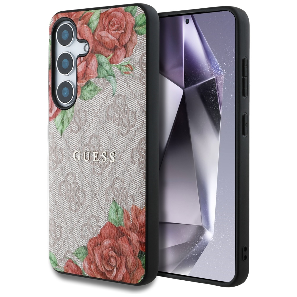 Guess Leather 4G Flowers Print Metal Classic Logo MagSafe Case Pink Samsung Galaxy S25 Tok