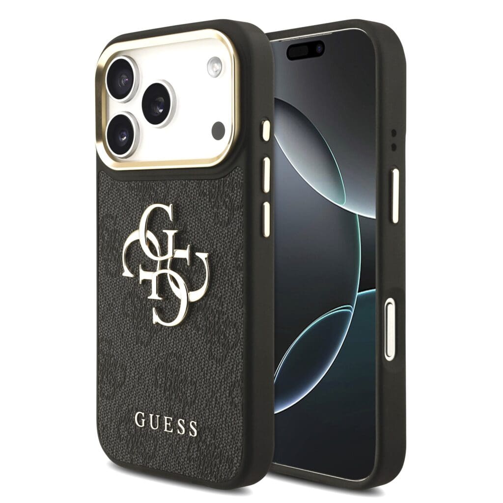 Guess PU Leather 4G Metal Logo Gold Frame Black iPhone 17 Pro Tok