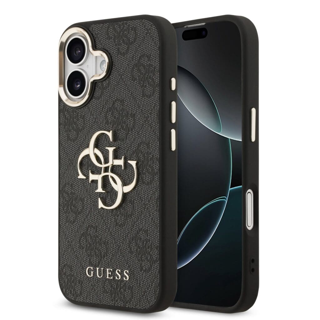 Guess PU Leather 4G Metal Logo Gold Frame Black iPhone 17 Tok
