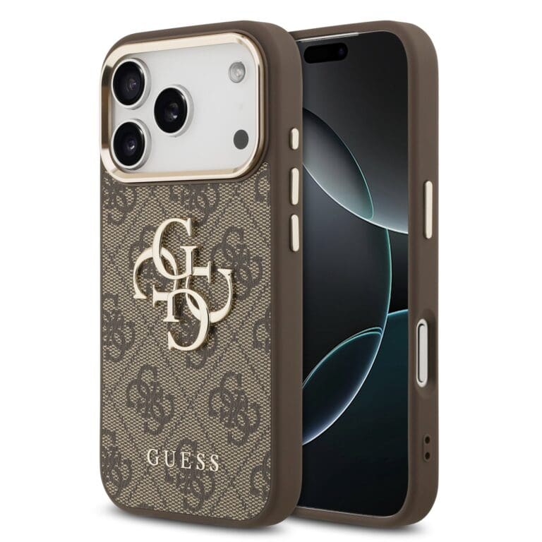 Guess PU Leather 4G Metal Logo Gold Frame Brown iPhone 17 Pro Max Tok