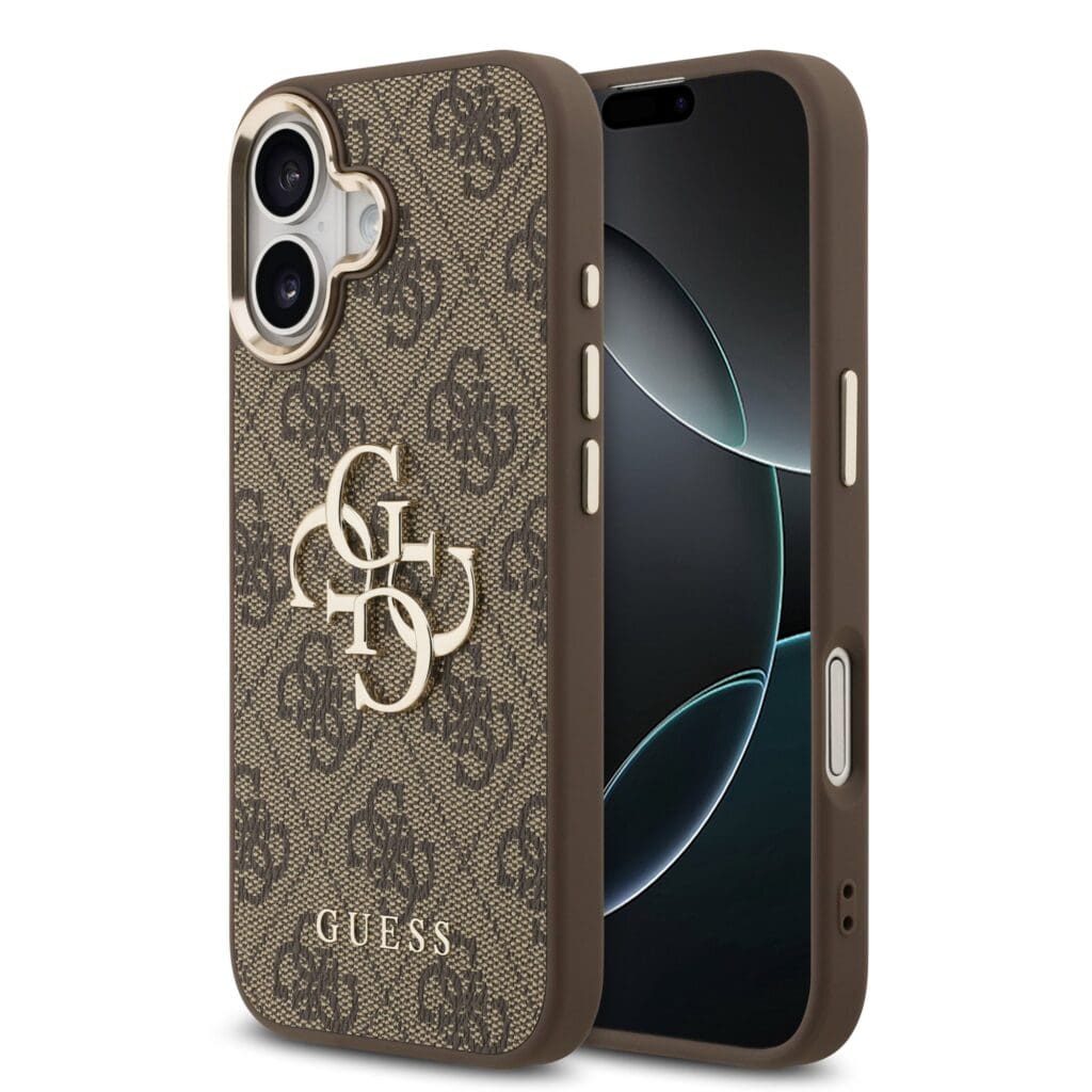 Guess PU Leather 4G Metal Logo Gold Frame Brown iPhone 17 Tok