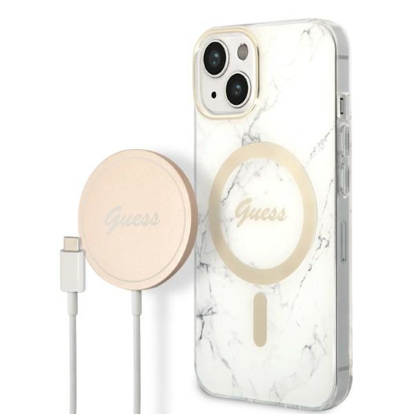 Guess Set GUBPP14SHMEACSH Case+Charger White Hardcase Marble MagS iPhone 13/14/15 Tok