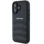 AMG AMHCP16SGSEBK Black Hardcase Leather Debossed Lines Black Logo iPhone 16 Tok
