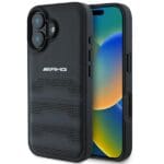 AMG AMHCP16SGSEBK Black Hardcase Leather Debossed Lines Black Logo iPhone 16 Tok