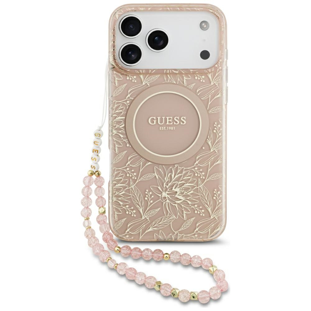 Guess IML Flowers Electro Pearl Strap MagSafe Pink iPhone 17 Pro Max Tok