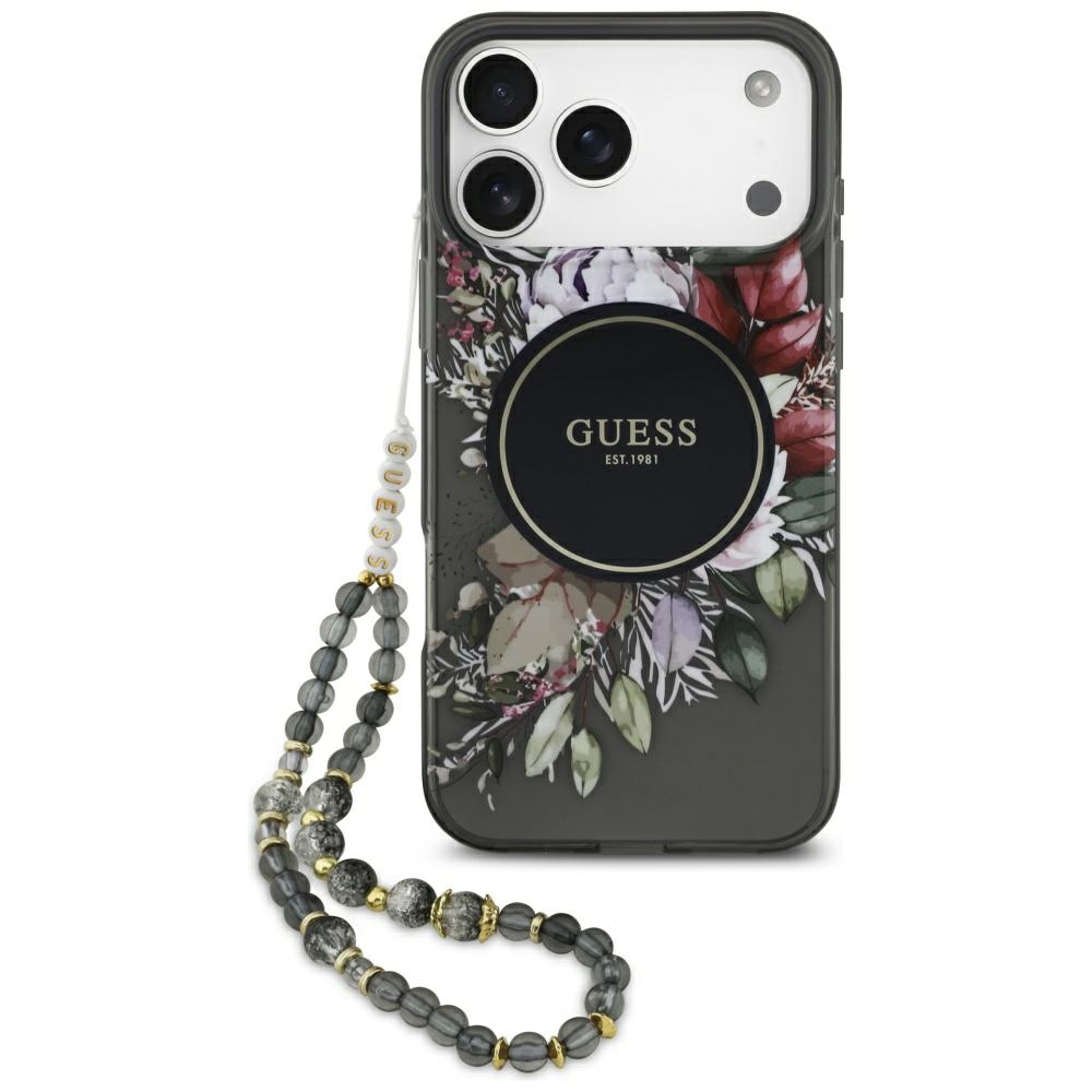 Guess IML Flowers Pearl Strap MagSafe Black iPhone 17 Pro Max Tok