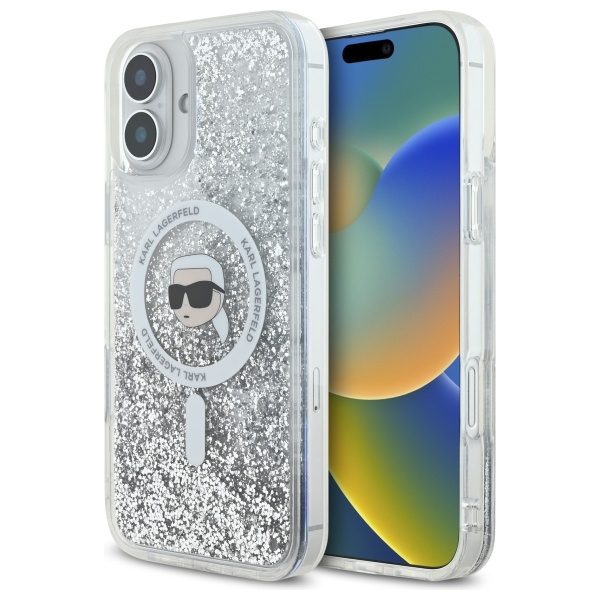 Karl Lagerfeld KLHMP16MLGKISGH Hardcase Transparent Liquid Glitter Karl Head MagSafe iPhone 16 Plus Tok