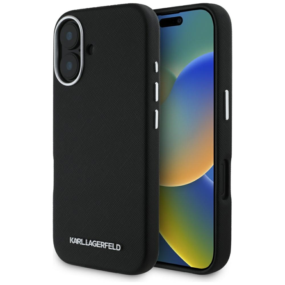 Karl Lagerfeld Saffiano Full Wrapped Elongated Metal Logo MagSafe Black iPhone 16 Tok