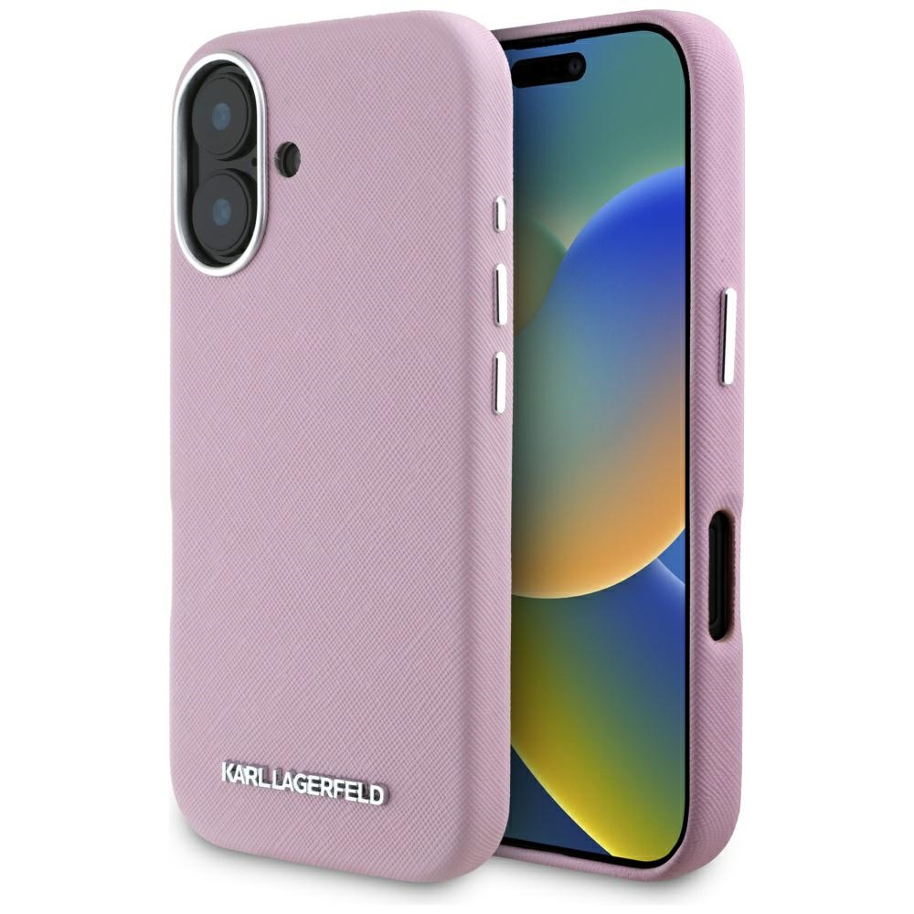 Karl Lagerfeld Saffiano Full Wrapped Elongated Metal Logo MagSafe Pink iPhone 16 Tok