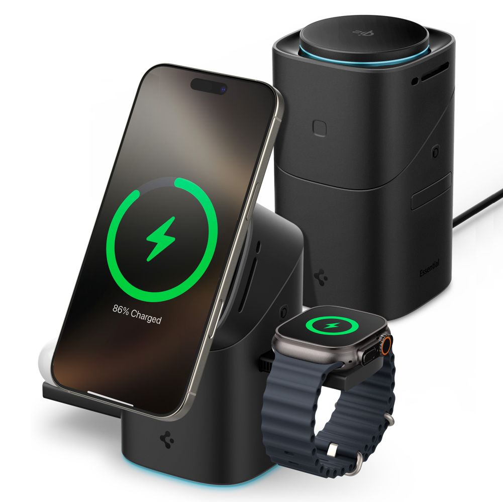 Spigen Essential Ef223Ms 3In1 Qi2 Rotary Magnetic MagSafe Wireless Charger Black