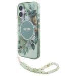 Guess GUHMP16MHFWBRCESN green Hardcase IML Flowers With Pearl Strap MagSa iPhone 16 Plus Tok