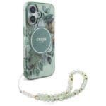 Guess GUHMP16MHFWBRCESN green Hardcase IML Flowers With Pearl Strap MagSa iPhone 16 Plus Tok