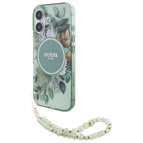 Guess GUHMP16MHFWBRCESN green Hardcase IML Flowers With Pearl Strap MagSa iPhone 16 Plus Tok